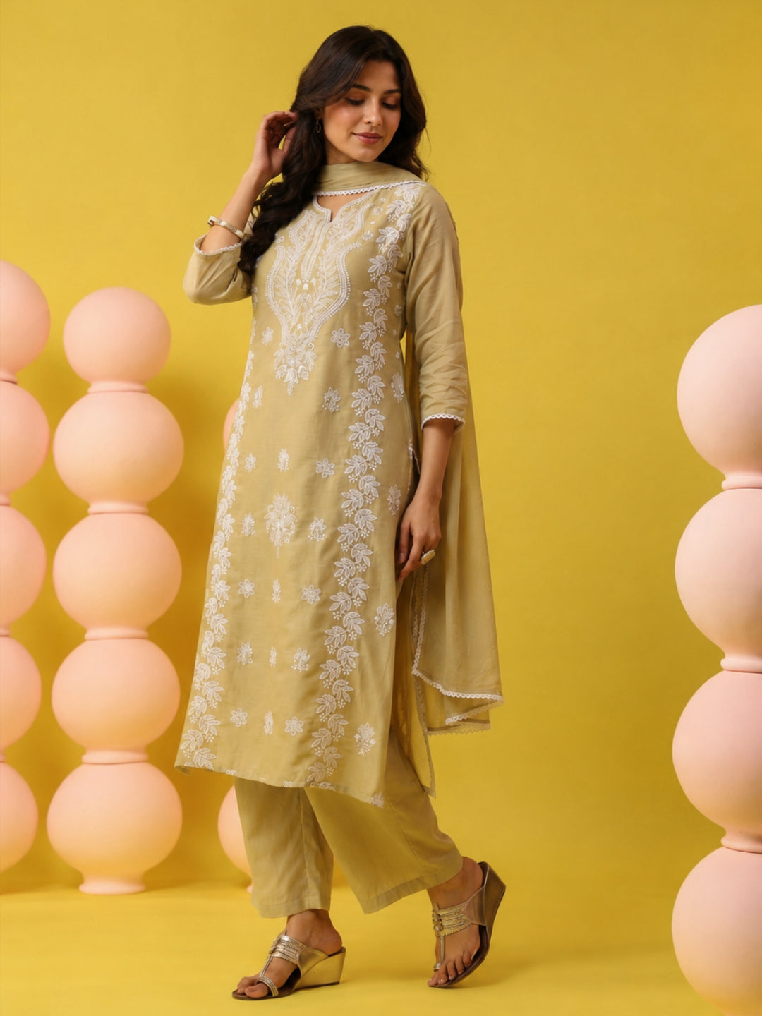 Beige - Cotton Mulmul Chikankari Embroidered Straight Suit - BluAuraa