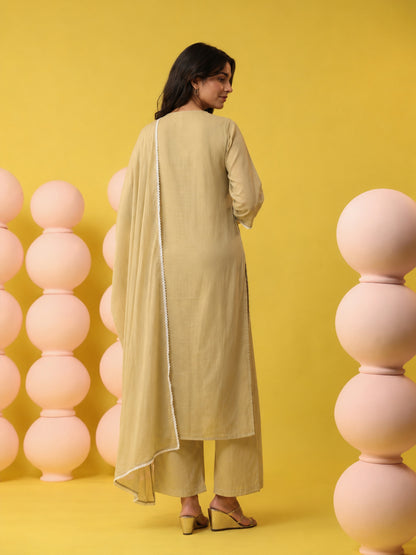 Beige - Cotton Mulmul Chikankari Embroidered Straight Suit - BluAuraa