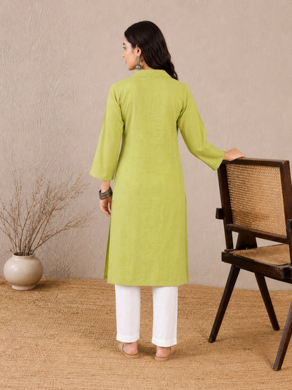 Lime Green Cotton A-Line kurta - BluAuraa