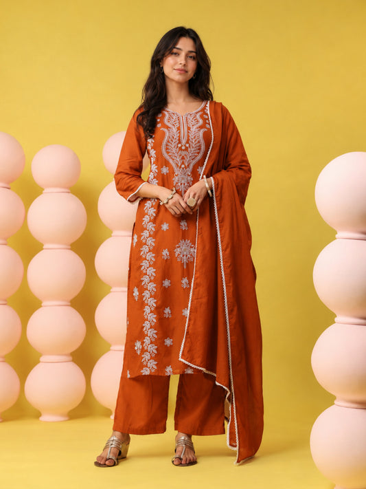 Rust Orange - Cotton Mulmul Chikankari Embroidered Straight Suit