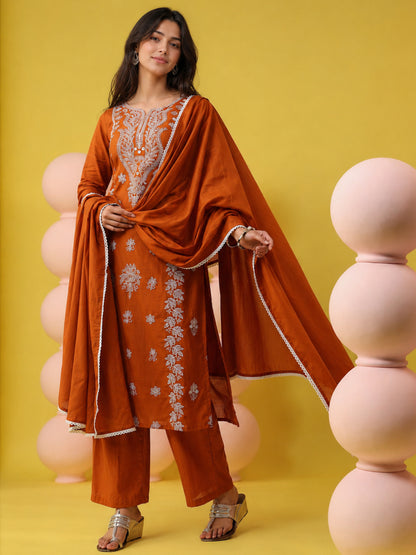 Rust Orange - Cotton Mulmul Chikankari Embroidered Straight Suit
