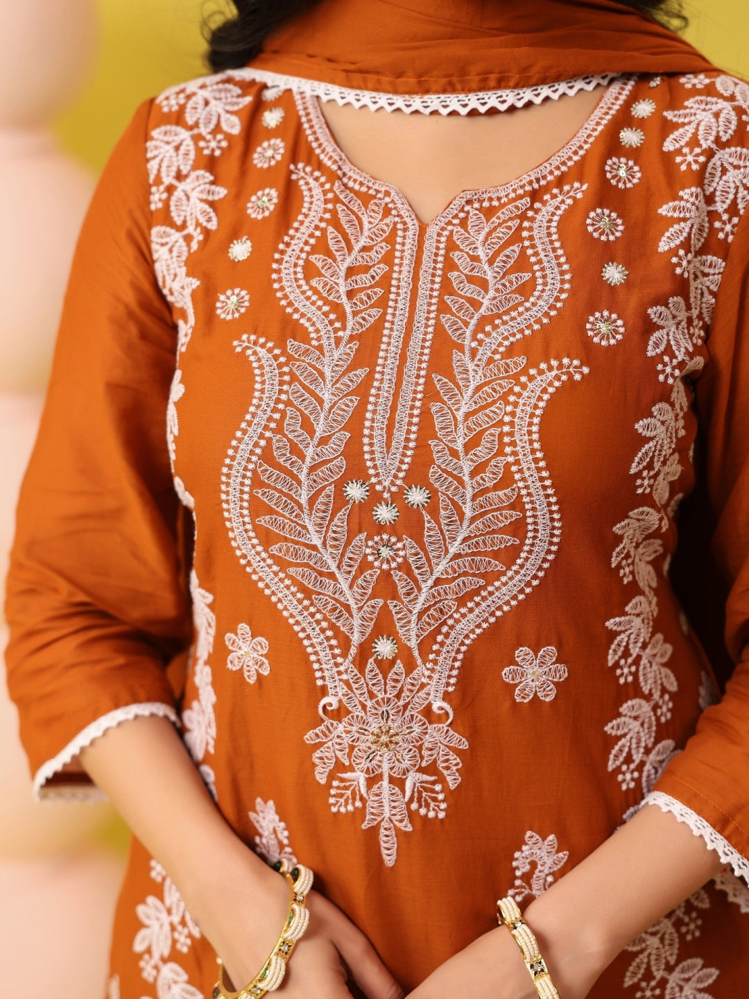Rust Orange - Cotton Mulmul Chikankari Embroidered Straight Suit