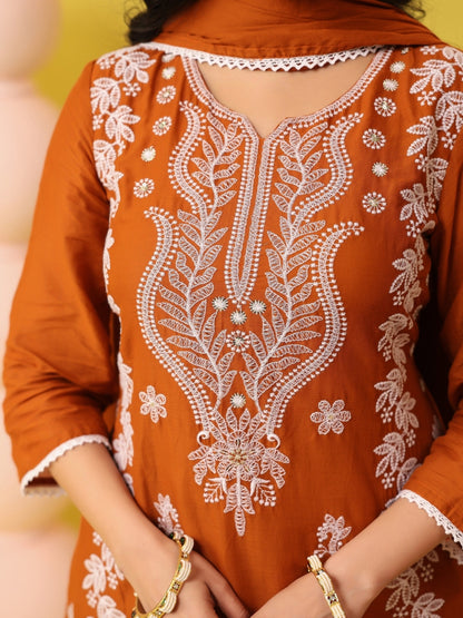 Rust Orange - Cotton Mulmul Chikankari Embroidered Straight Suit