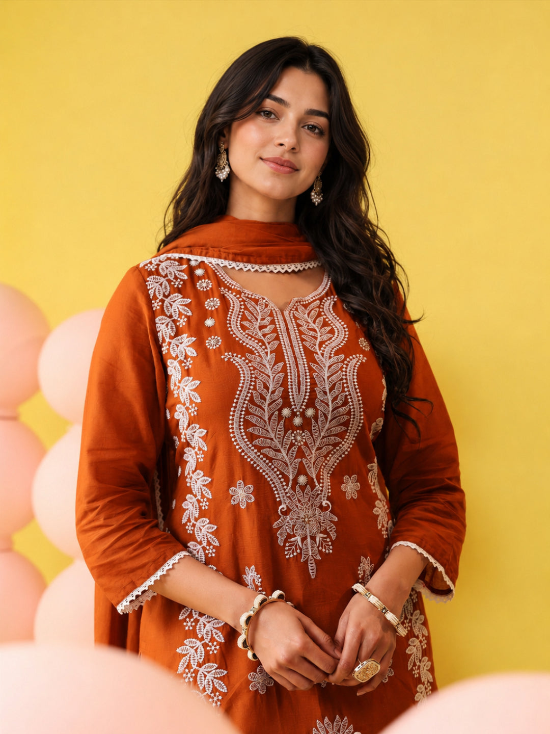 Rust Orange - Cotton Mulmul Chikankari Embroidered Straight Suit