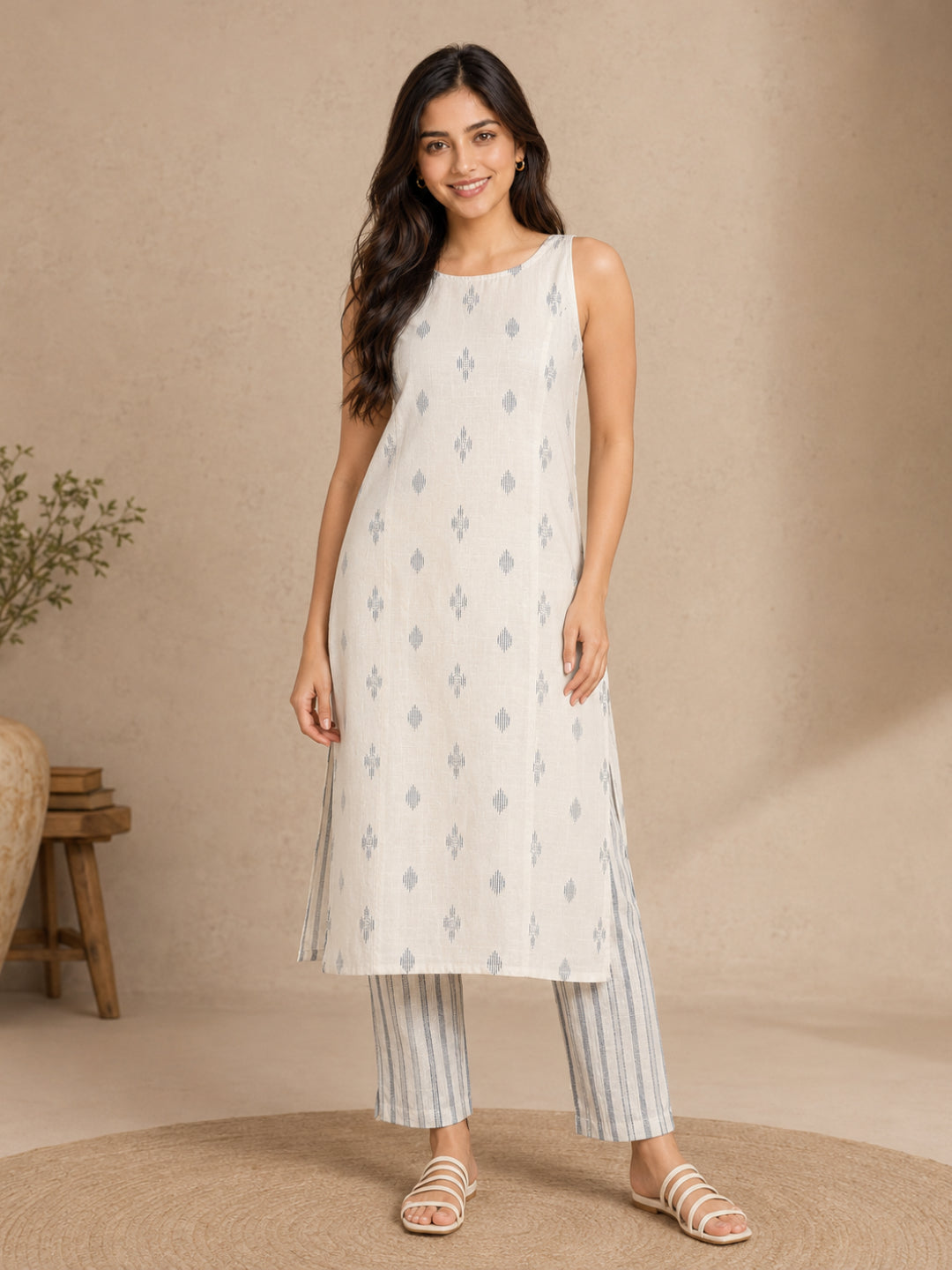 Sleeveless Off White Kurta with Blue Butti and Pant - BluAuraa