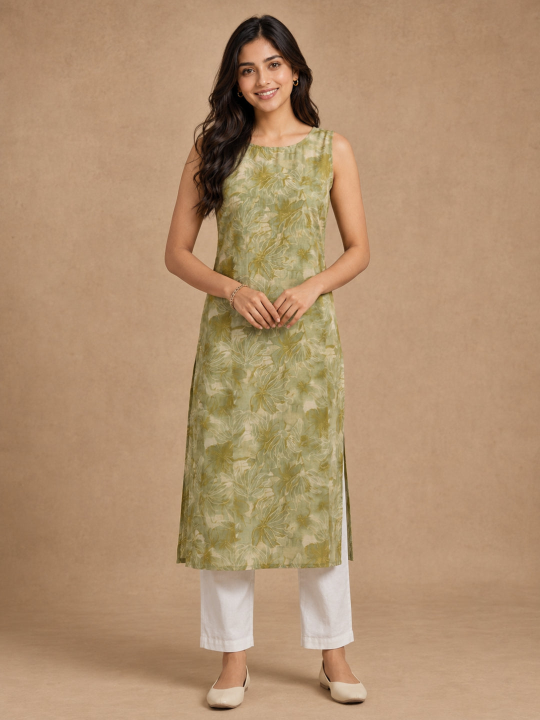 Green Floral Sleeveless Kurti - BluAuraa