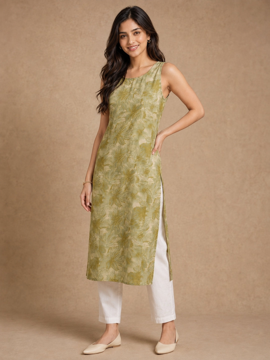 Green Floral Sleeveless Kurti - BluAuraa