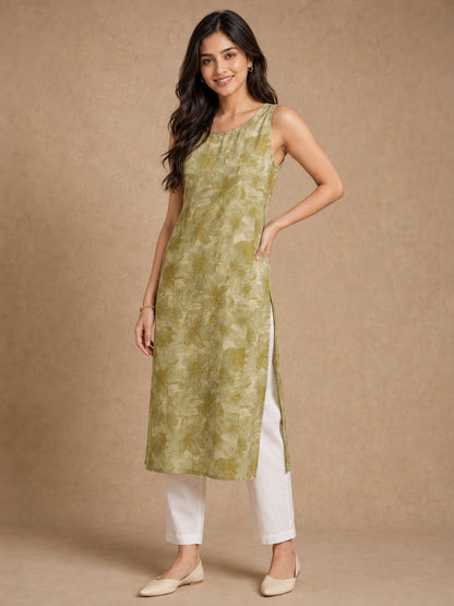 Green Floral Sleeveless Kurti - BluAuraa