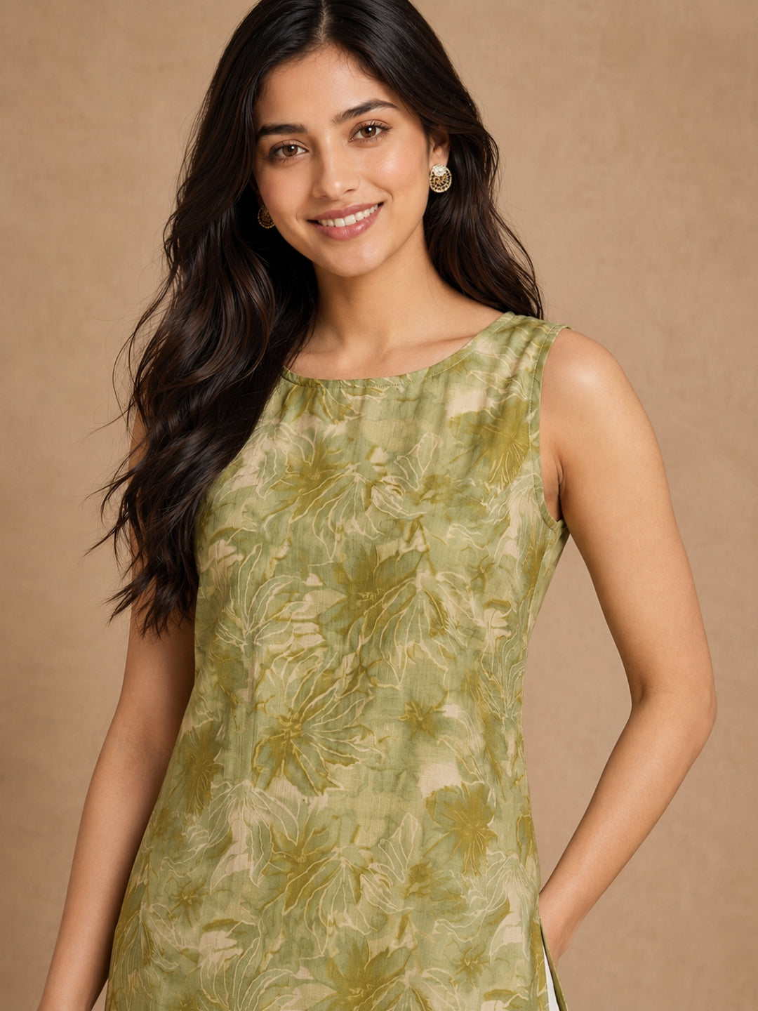 Green Floral Sleeveless Kurti - BluAuraa