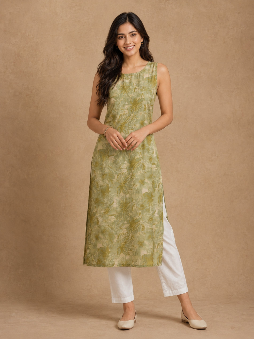 Green Floral Sleeveless Kurti - BluAuraa