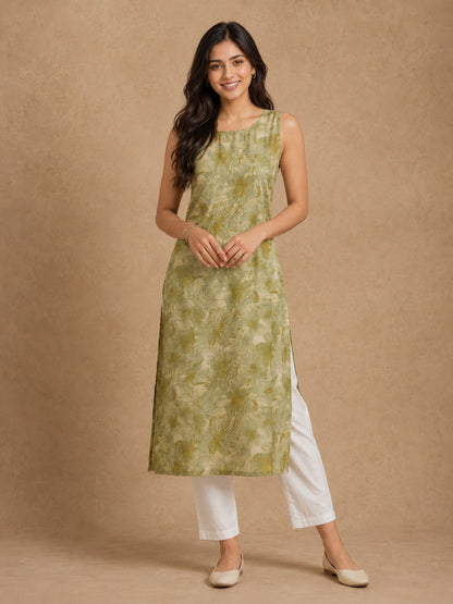 Green Floral Sleeveless Kurti - BluAuraa