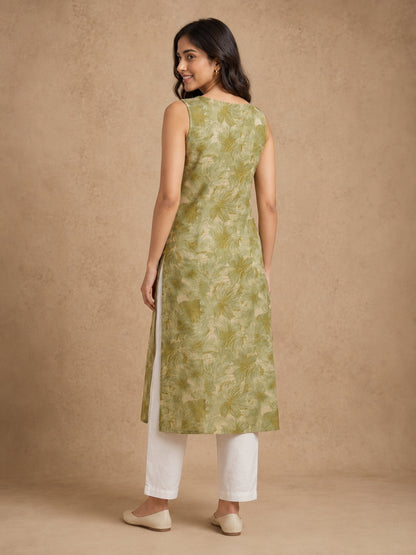 Green Floral Sleeveless Kurti - BluAuraa