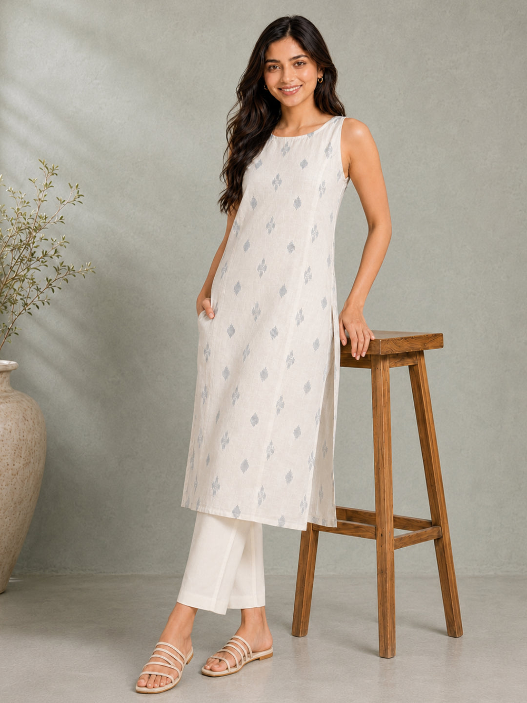Sleeveless Off White Kurta with Blue Butti - BluAuraa