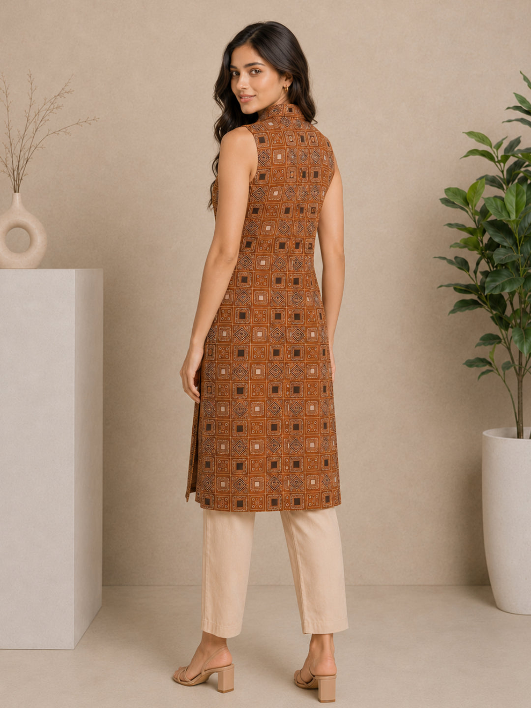 Geometrical Print Sleeveless Mustard Kurta and Pant Set - BluAuraa