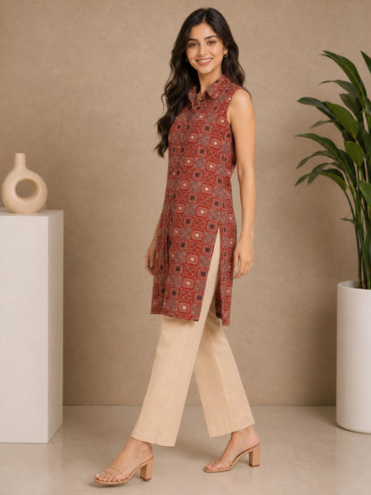 Geometrical Print Sleeveless Rust Kurta and Pant Set - BluAuraa