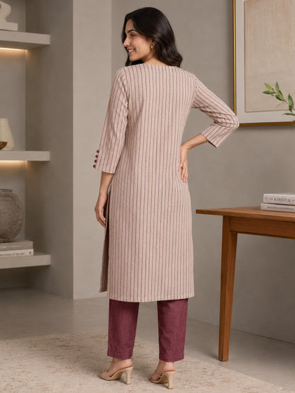 Biege Striped Kurta with Maroon Pant - BluAuraa