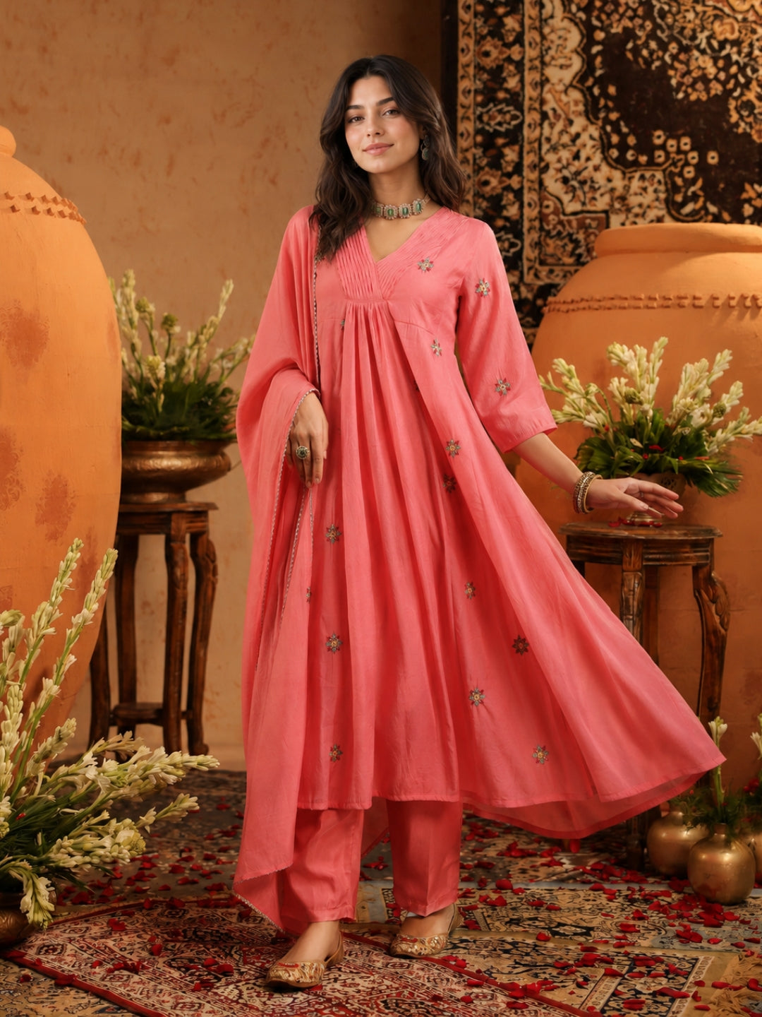 Mul Chanderi Hand Embroidered A Line Anarkali Suit - Mauve - BluAuraa