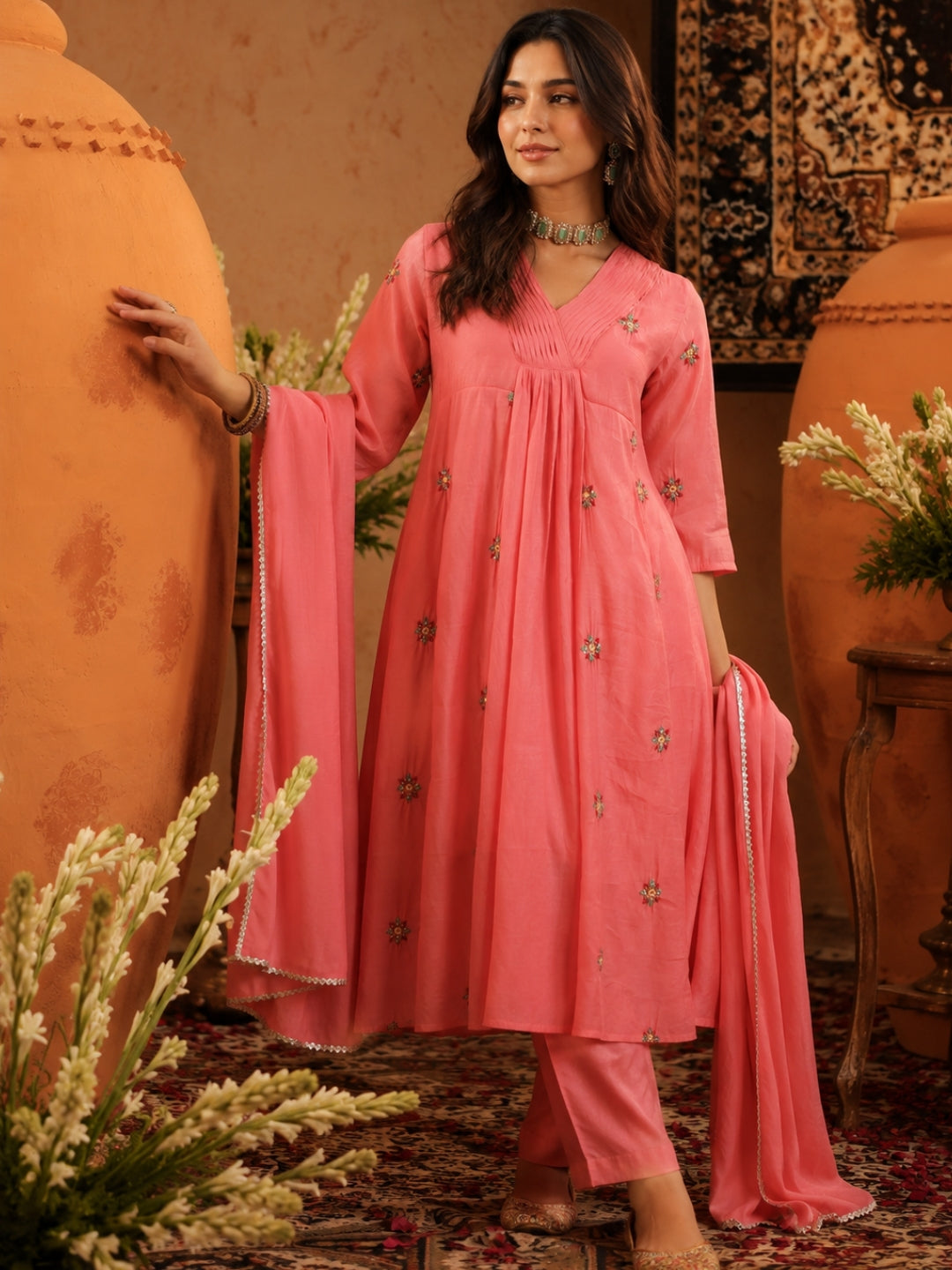 Mul Chanderi Hand Embroidered A Line Anarkali Suit - Mauve - BluAuraa