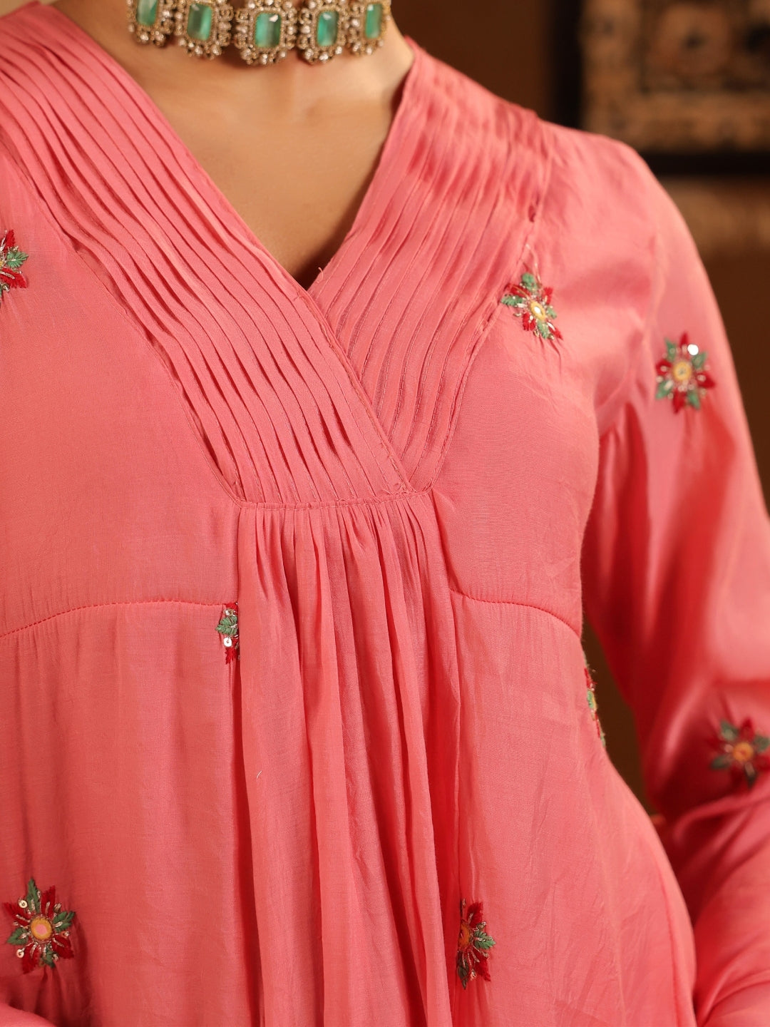 Mul Chanderi Hand Embroidered A Line Anarkali Suit - Mauve - BluAuraa