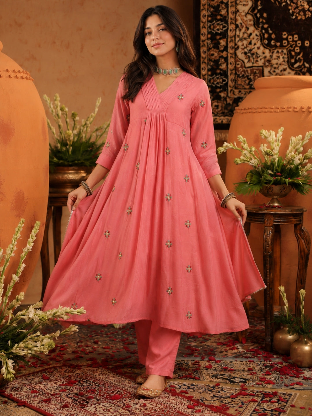 Mul Chanderi Hand Embroidered A Line Anarkali Suit - Mauve - BluAuraa