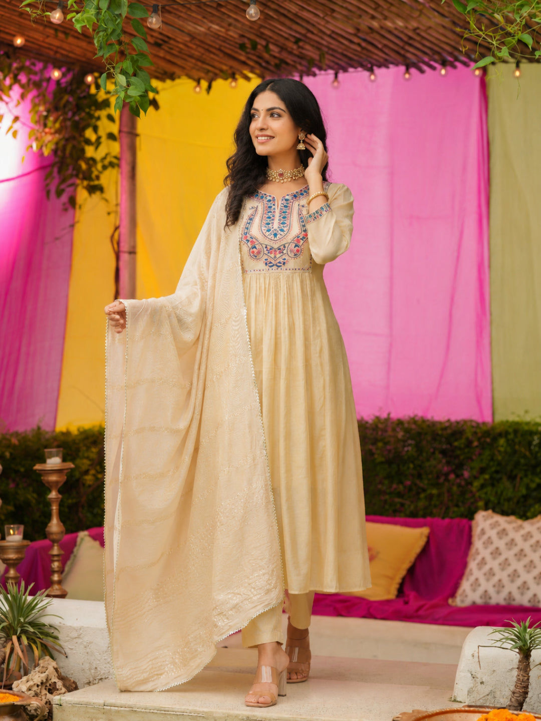 Beige Mul Chanderi Embroidered Anarkali Suit - BluAuraa
