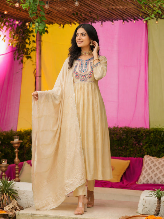 Beige Mul Chanderi Embroidered Anarkali Suit - BluAuraa