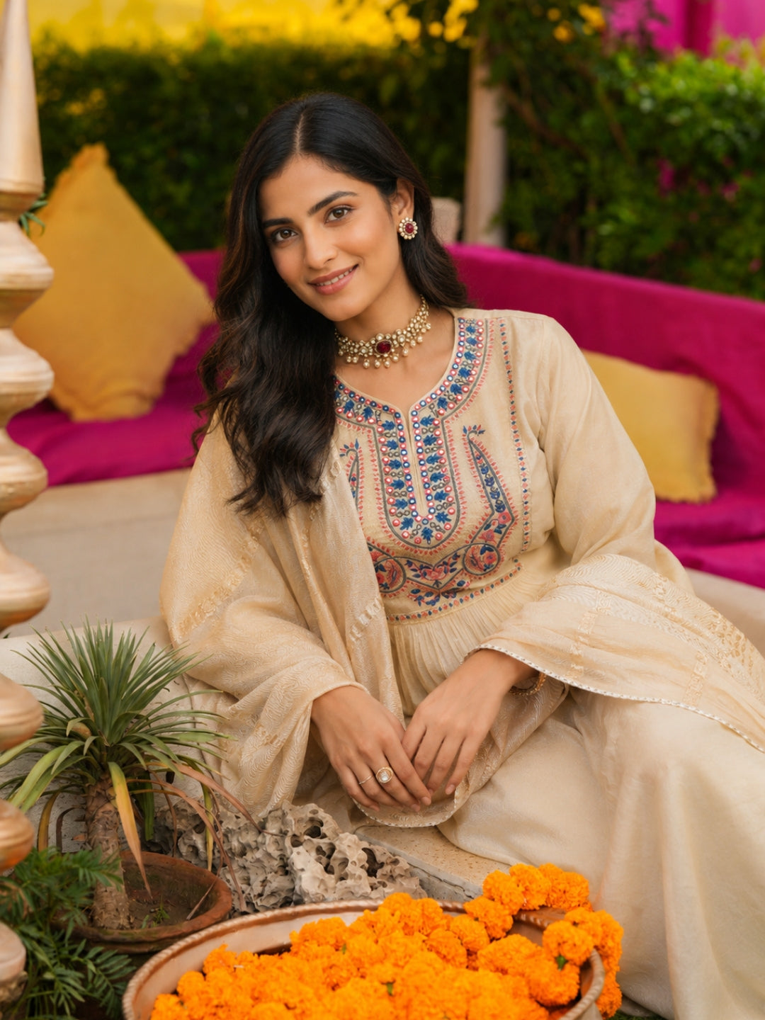 Beige Mul Chanderi Embroidered Anarkali Suit - BluAuraa
