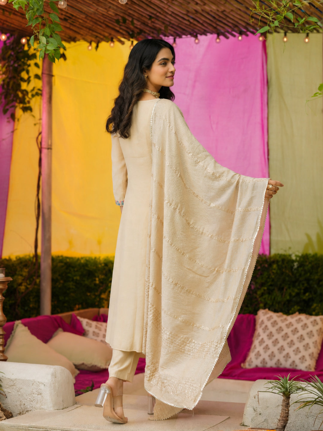 Beige Mul Chanderi Embroidered Anarkali Suit - BluAuraa