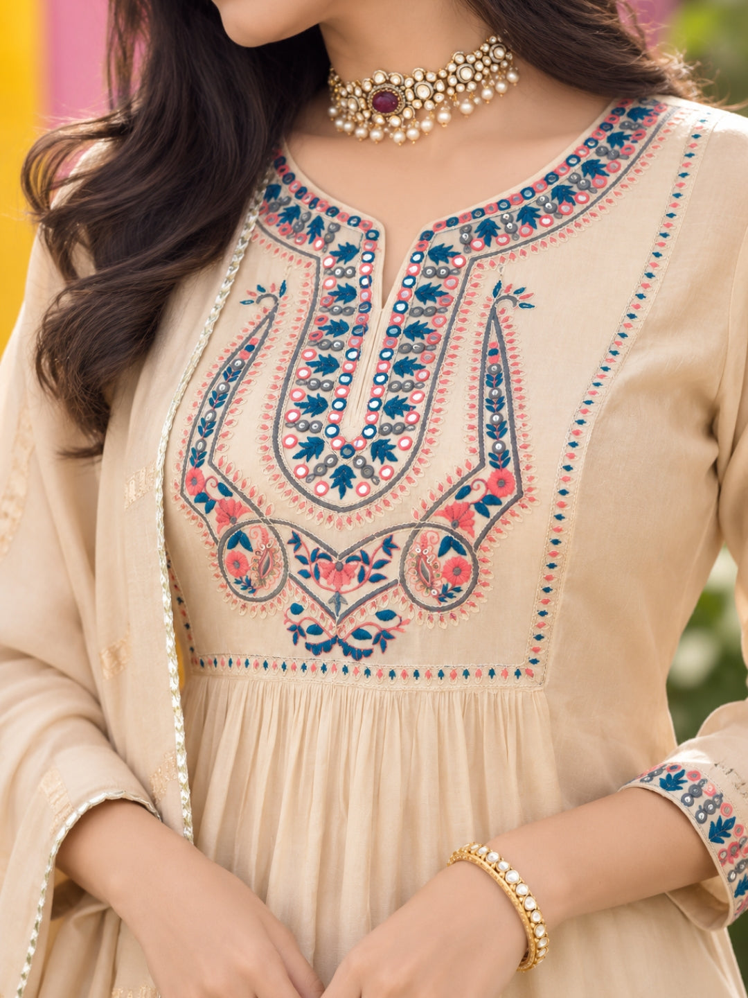Beige Mul Chanderi Embroidered Anarkali Suit - BluAuraa