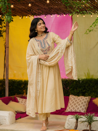 Beige Mul Chanderi Embroidered Anarkali Suit - BluAuraa