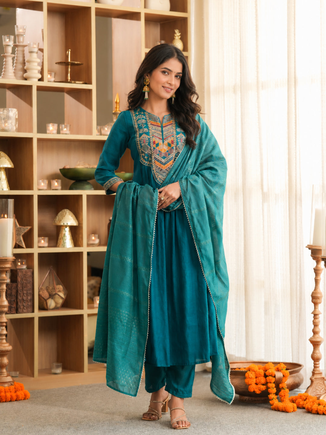 Green Mul Chanderi Embroidered Anarkali Suit - BluAuraa