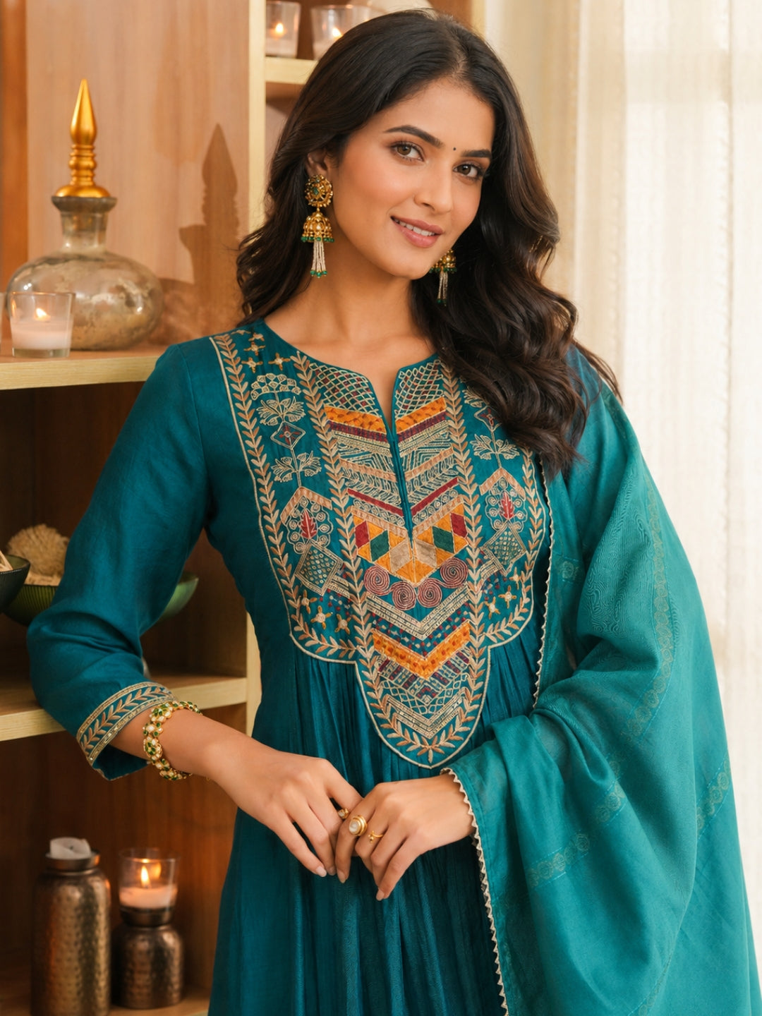 Green Mul Chanderi Embroidered Anarkali Suit - BluAuraa