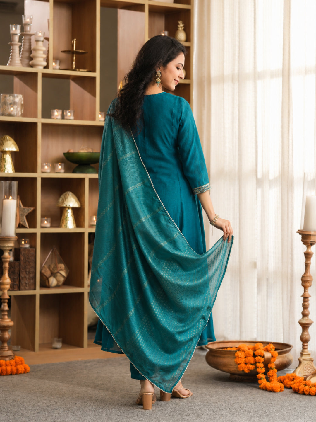 Green Mul Chanderi Embroidered Anarkali Suit - BluAuraa
