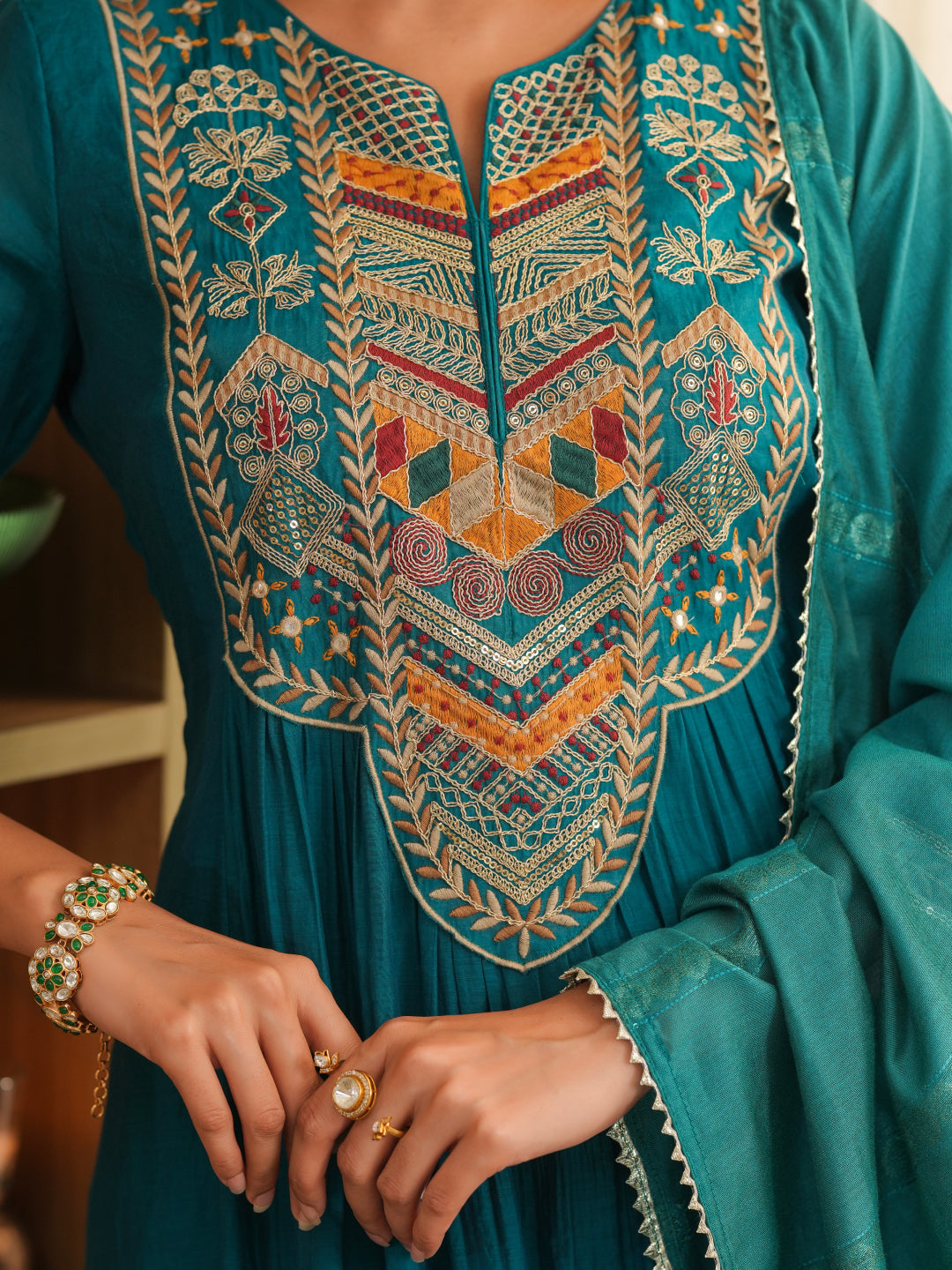 Green Mul Chanderi Embroidered Anarkali Suit - BluAuraa