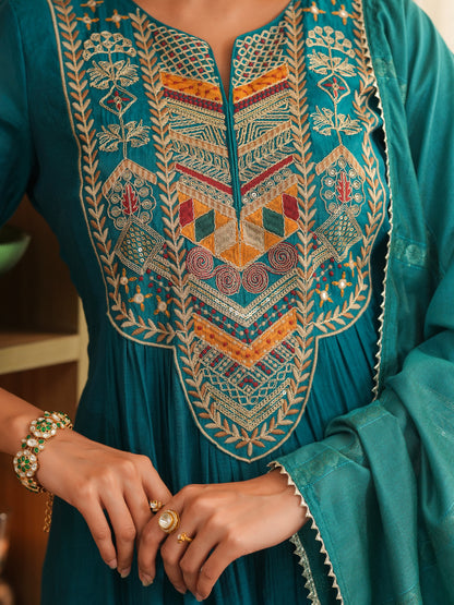 Green Mul Chanderi Embroidered Anarkali Suit - BluAuraa