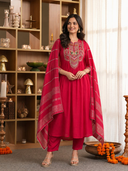 Mul Chanderi Embroidered Anarkali Suit - Red - BluAuraa