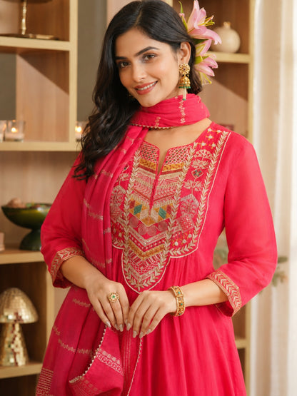 Mul Chanderi Embroidered Anarkali Suit - Red - BluAuraa