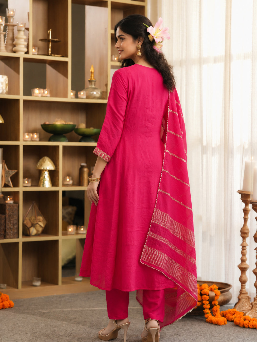 Mul Chanderi Embroidered Anarkali Suit - Red - BluAuraa