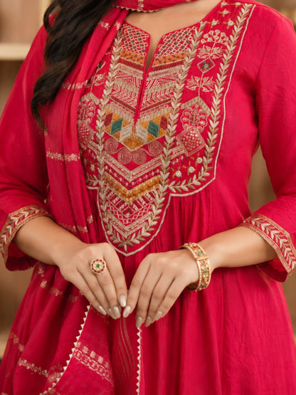 Mul Chanderi Embroidered Anarkali Suit - Red - BluAuraa