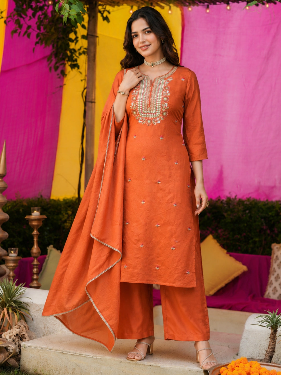 Mul Chanderi Embroidered Straight Suit - Rust Orange - BluAuraa