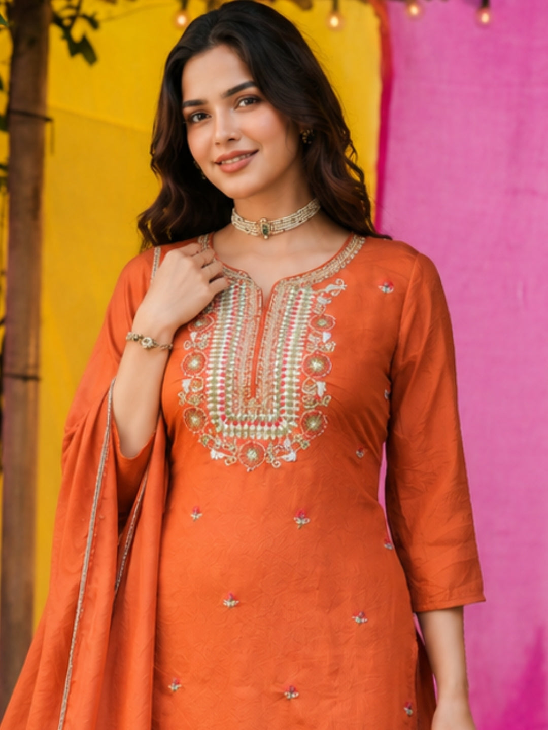 Mul Chanderi Embroidered Straight Suit - Rust Orange - BluAuraa
