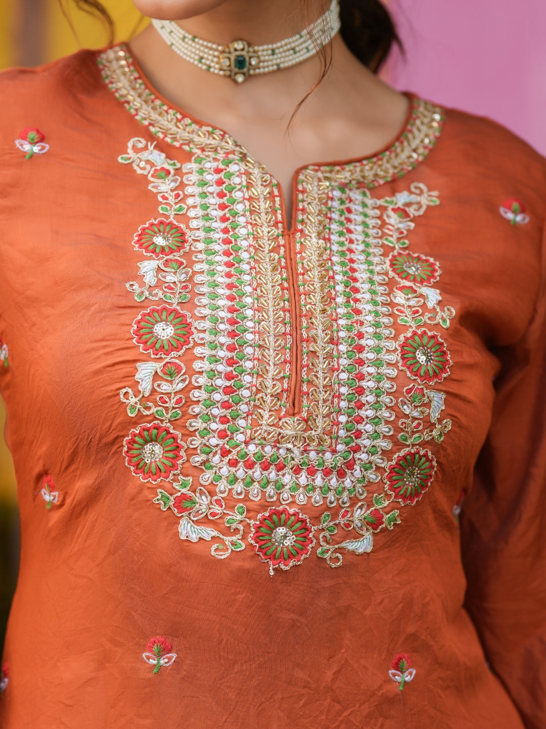 Mul Chanderi Embroidered Straight Suit - Rust Orange - BluAuraa