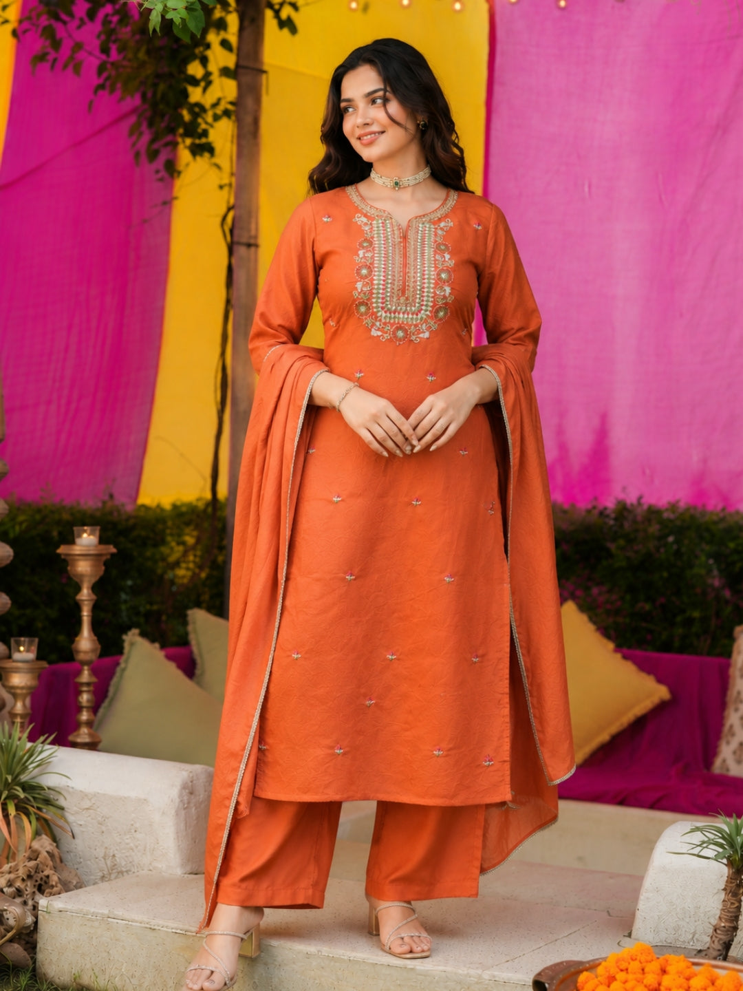 Mul Chanderi Embroidered Straight Suit - Rust Orange - BluAuraa