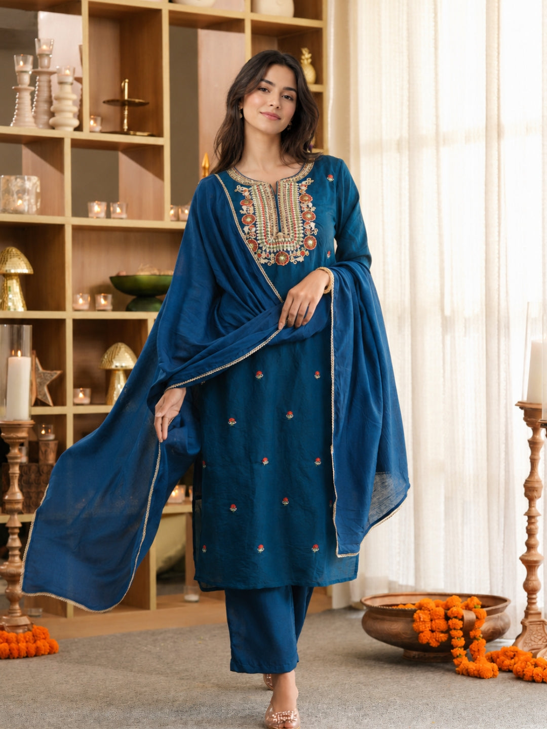 Mul Chanderi Embroidered Straight Suit - Blue - BluAuraa