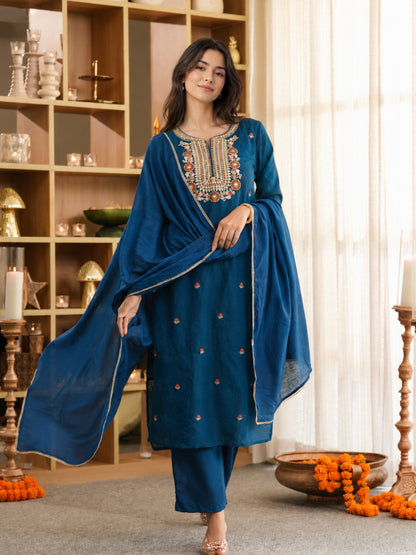 Mul Chanderi Embroidered Straight Suit - Blue - BluAuraa