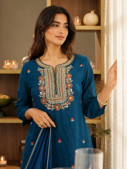 Mul Chanderi Embroidered Straight Suit - Blue - BluAuraa