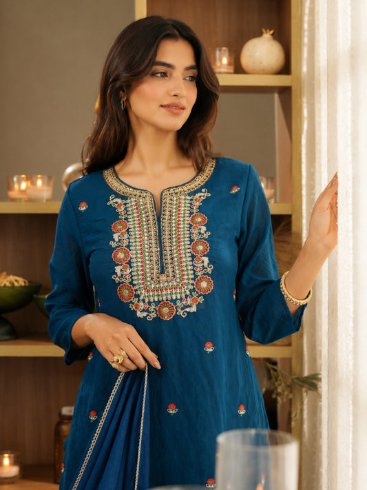 Mul Chanderi Embroidered Straight Suit - Blue - BluAuraa