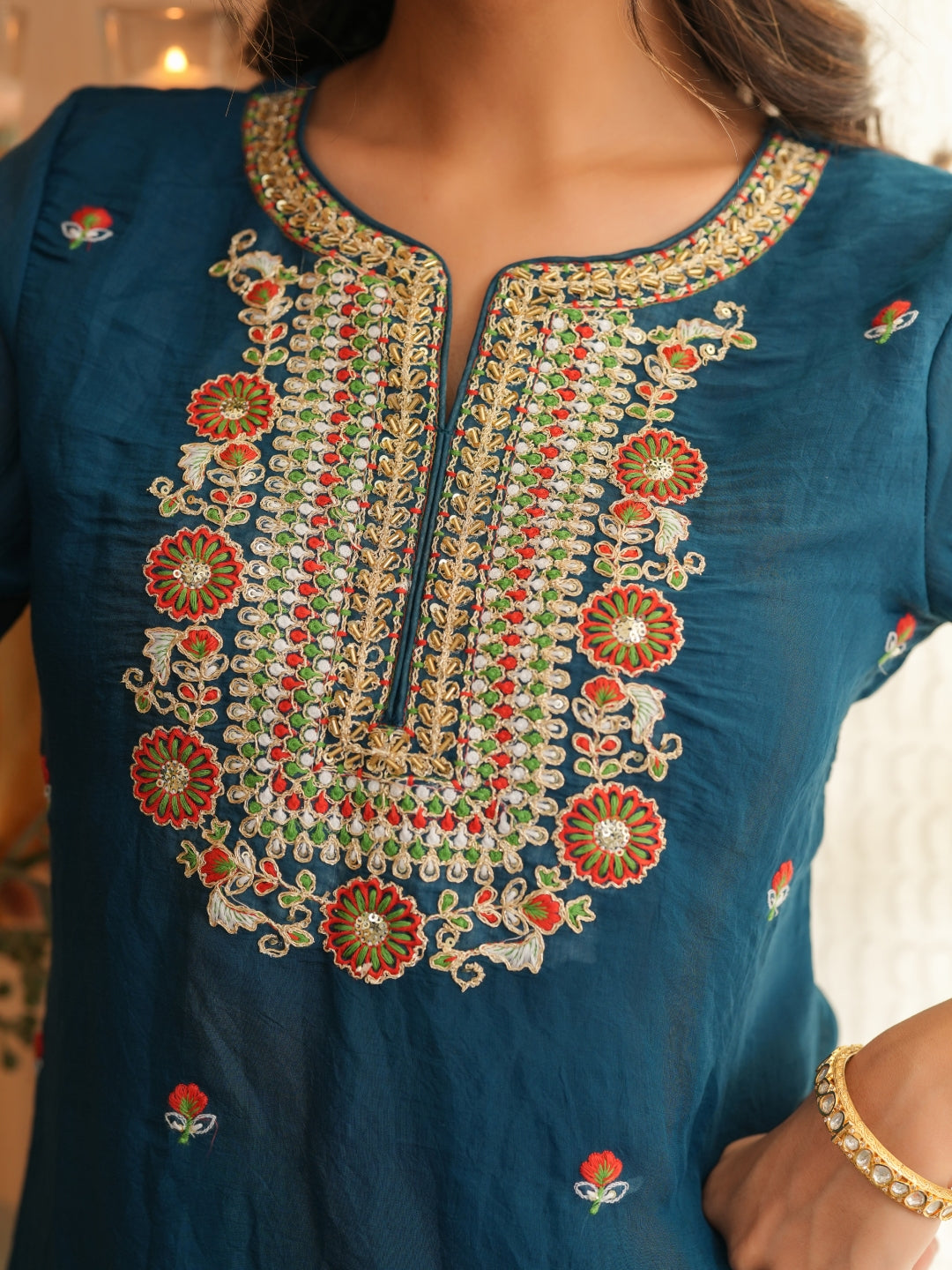 Mul Chanderi Embroidered Straight Suit - Blue - BluAuraa
