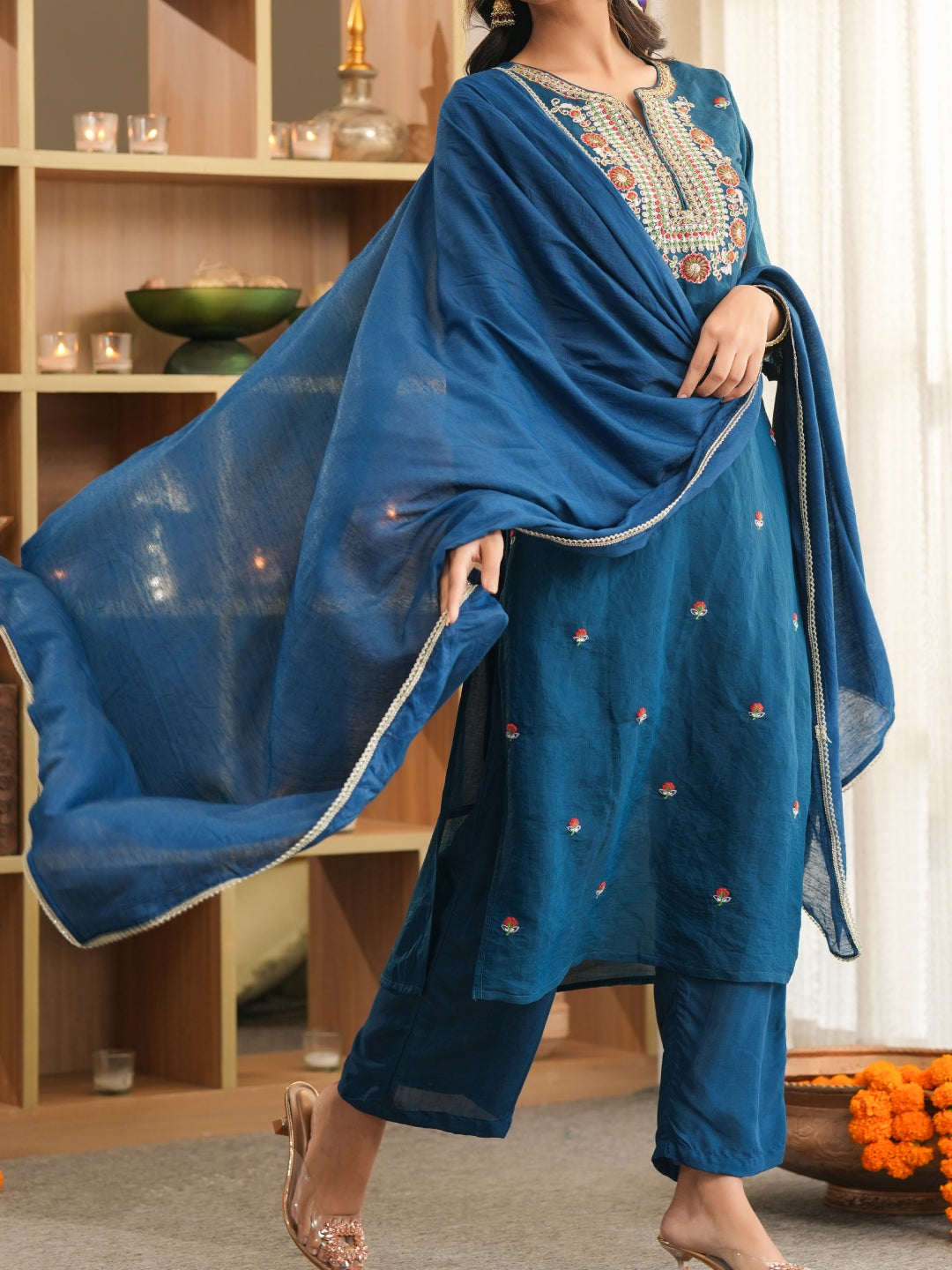 Mul Chanderi Embroidered Straight Suit - Blue - BluAuraa
