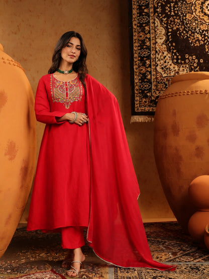 Red Mul Chanderi Embroidered Anarkali Suit - BluAuraa
